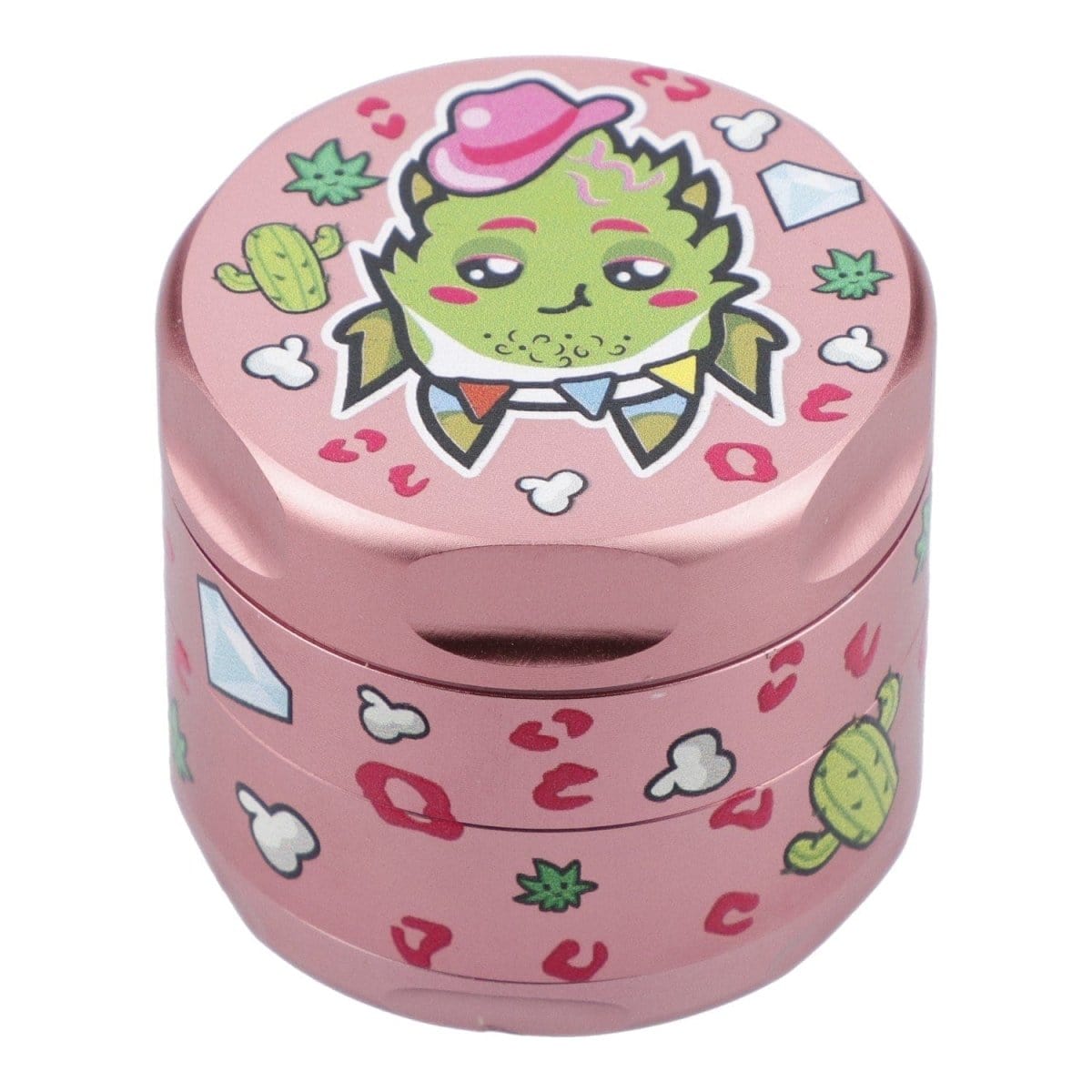 A close-up of the 55mm Pink Kush 3 Stage Grinder in pink, showing its tiered design and detailed surface texture.