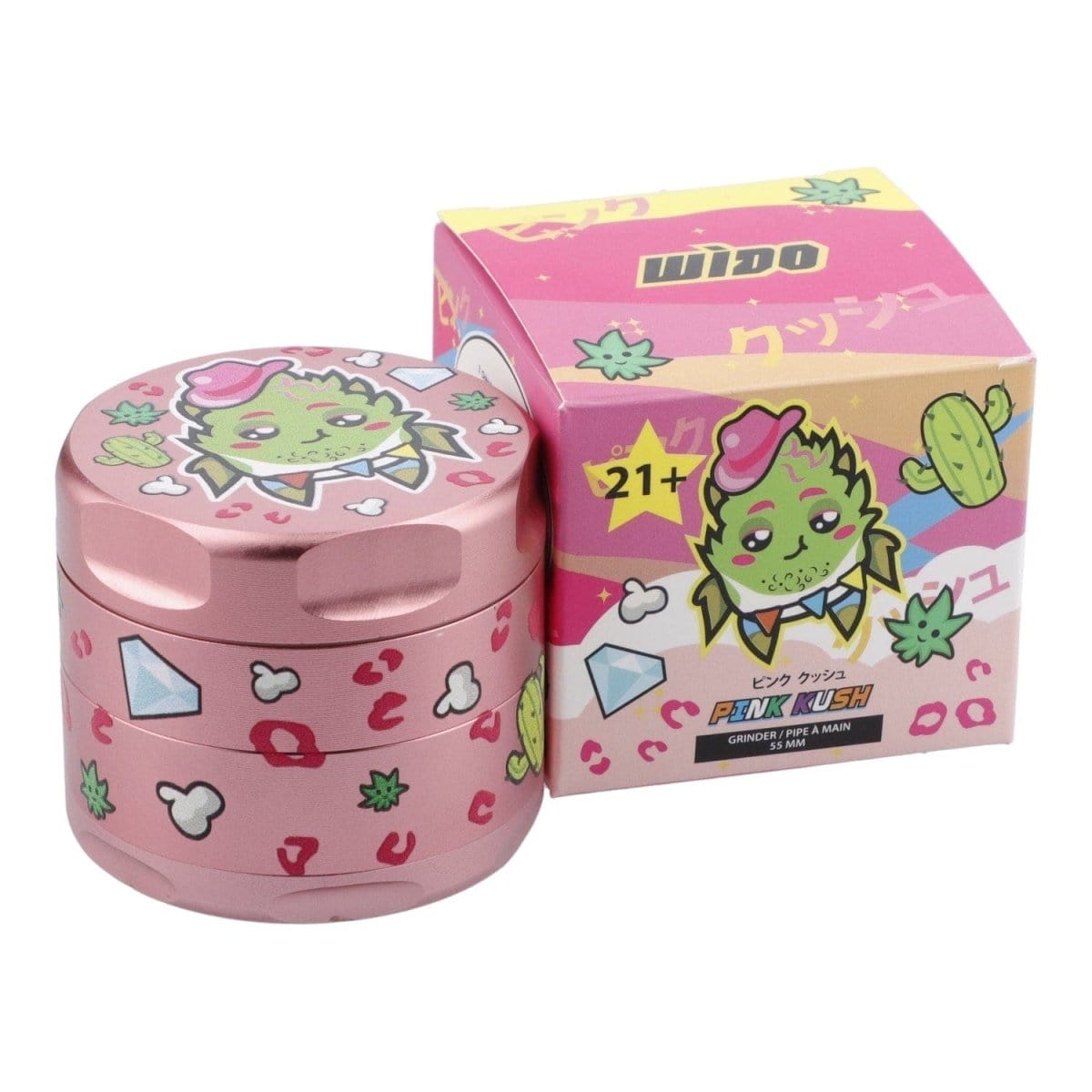Front view of the 55mm Pink Kush 3 Stage Grinder, displaying a vibrant pink design with floral and geometric accents.