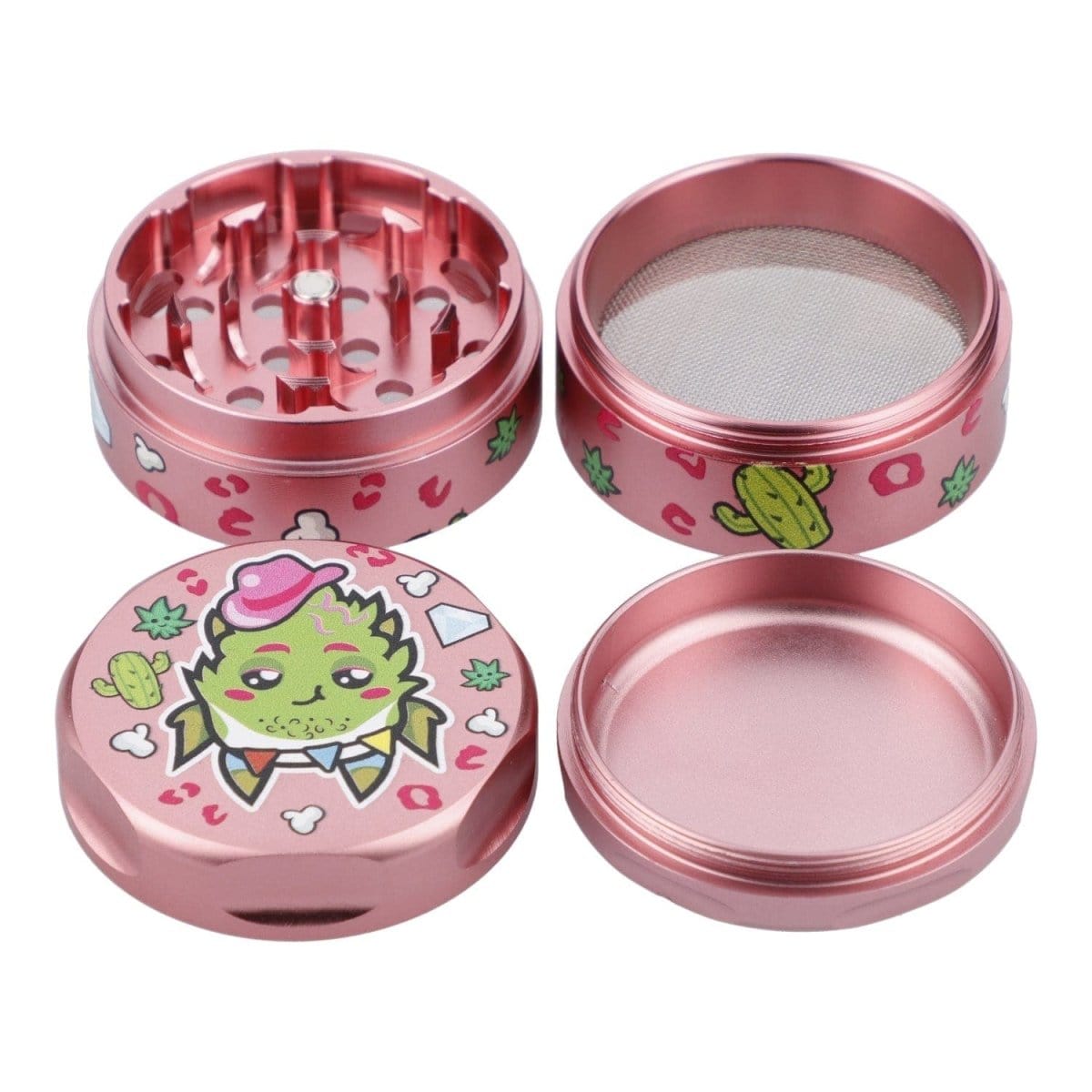 A top-down view of the 55mm Pink Kush 3 Stage Grinder, showing its pink metallic finish and tiered grinding sections.