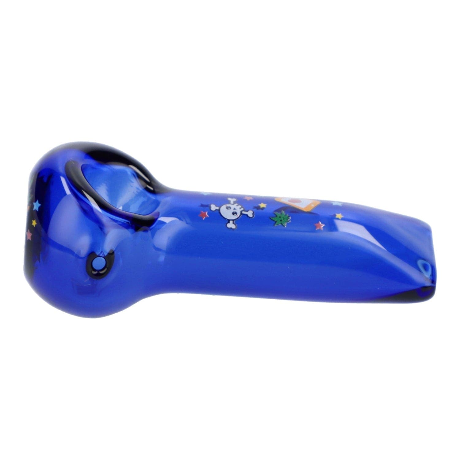A close-up, angled view of the 4" Blue Dream Hand Pipe in transparent blue, decorated with colorful star-shaped accents.