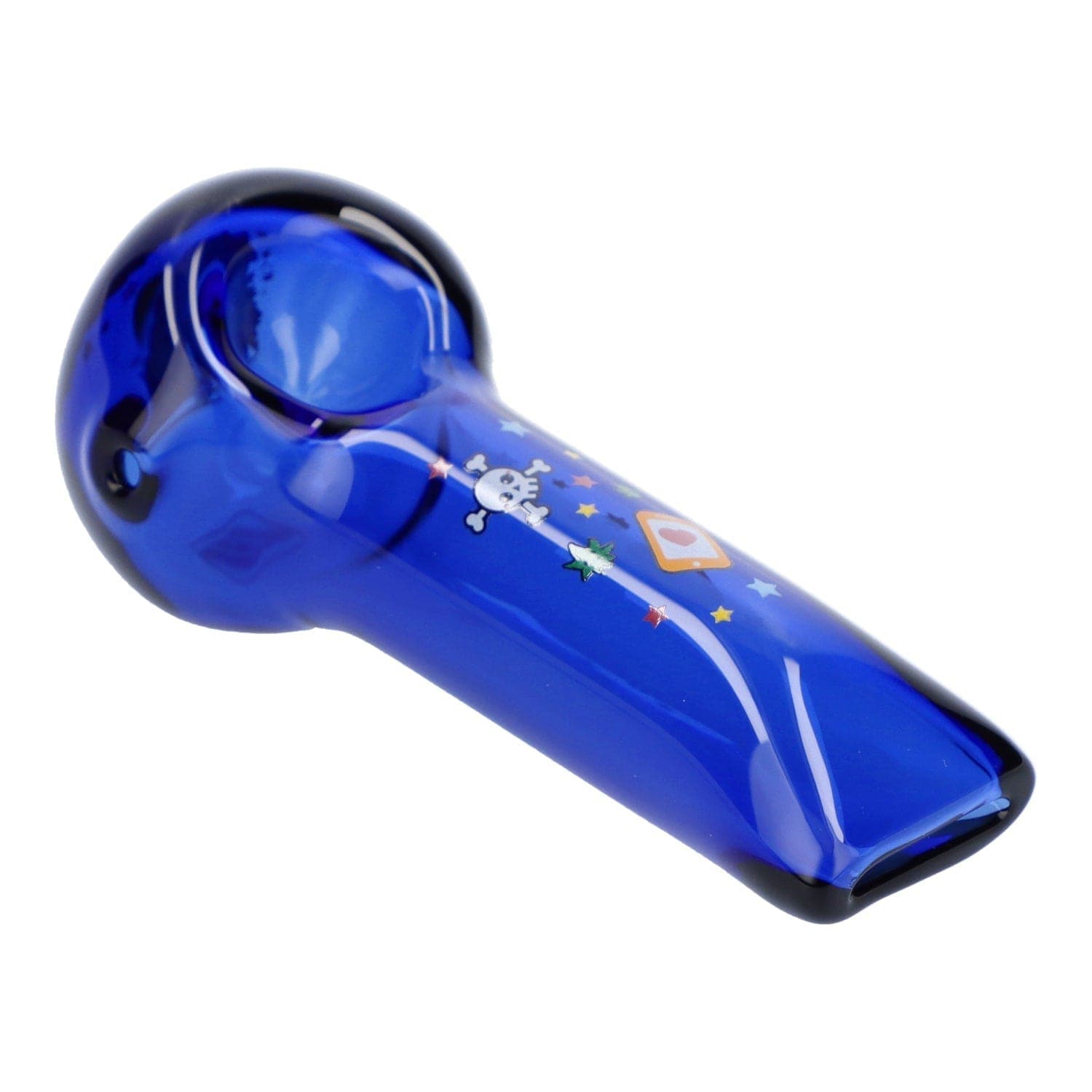 A transparent blue, angled view of the 4" Blue Dream Hand Pipe, showcasing its simple, curved design.