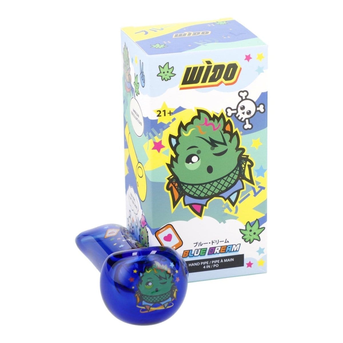 Front view of the 4" Blue Dream Hand Pipe in transparent blue, displaying a cartoon graphic on a light blue background.