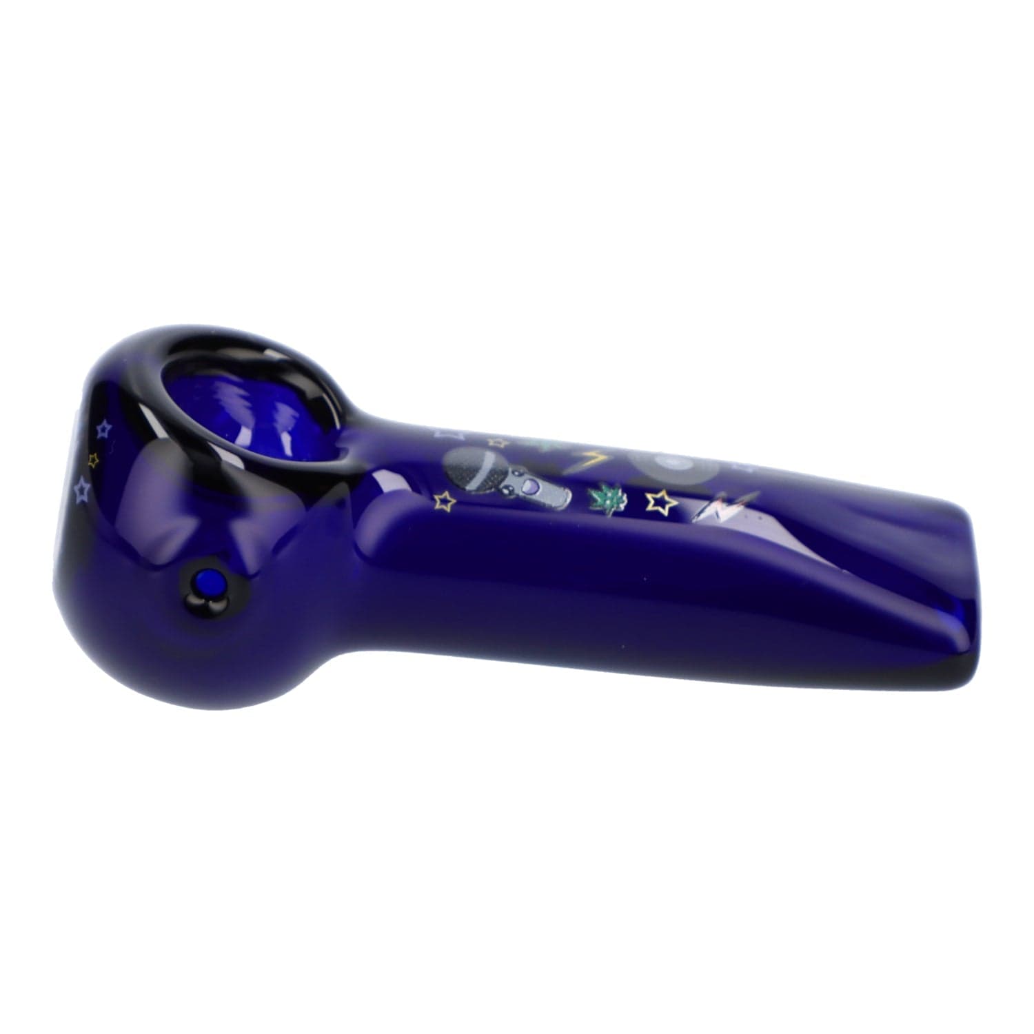 A side view of the 4" Granddaddy Purple hand pipe in dark blue, showcasing its curved design and smooth finish.
