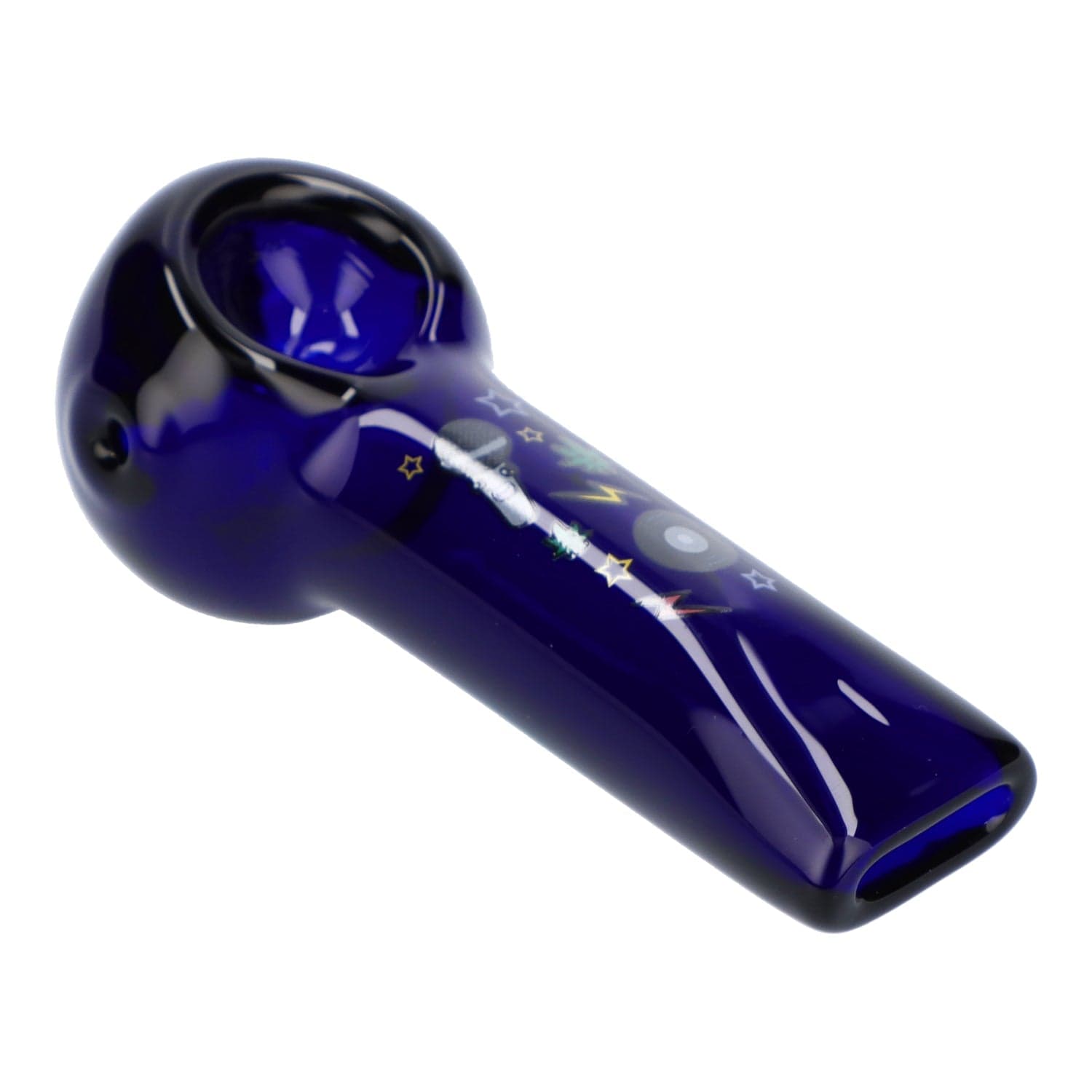 A side view of the 4" Granddaddy Purple Hand Pipe in dark blue, showcasing its curved shape and smooth glass finish.