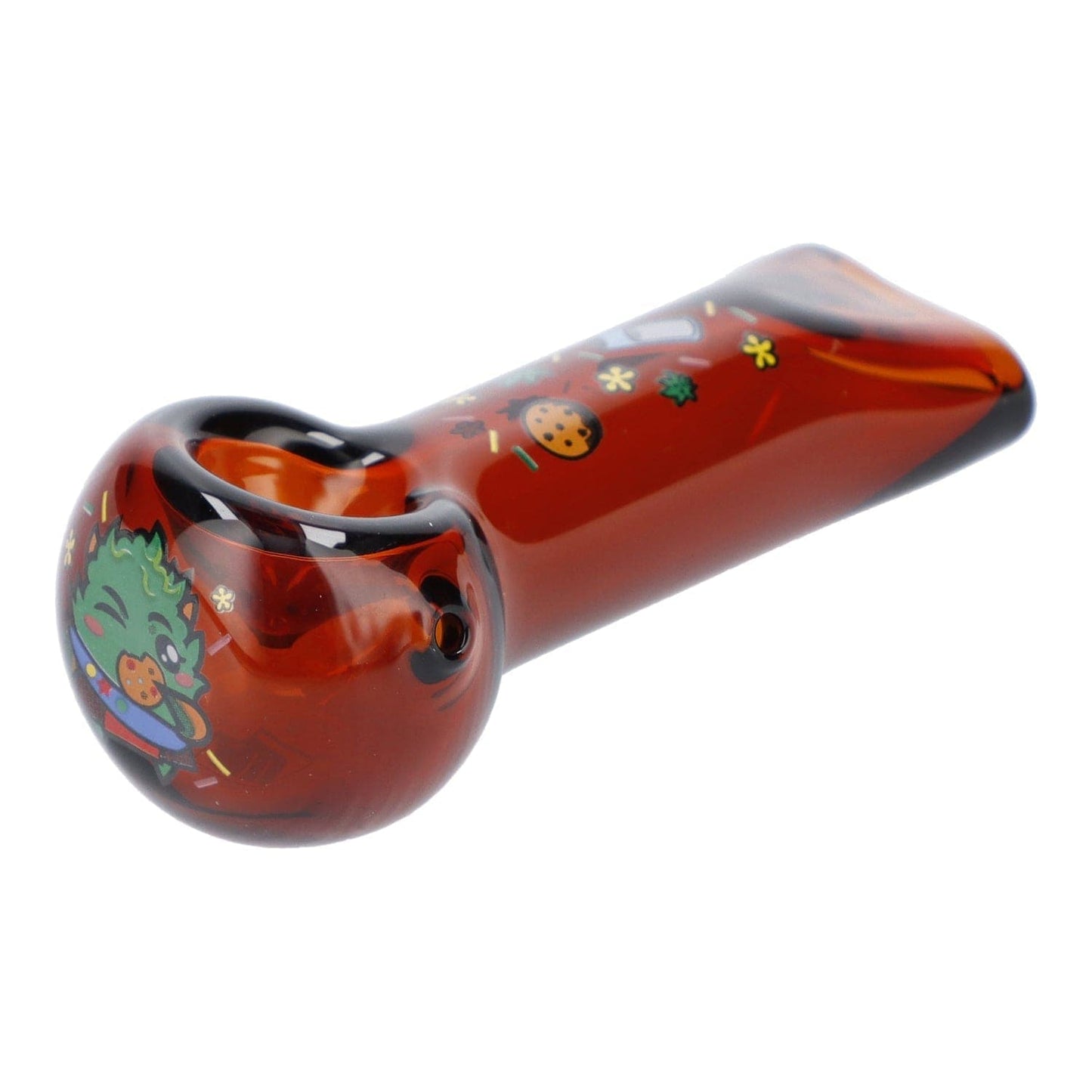 A slightly angled view of the transparent amber “4” GSC Hand Pipe, showcasing its simple, curved design.