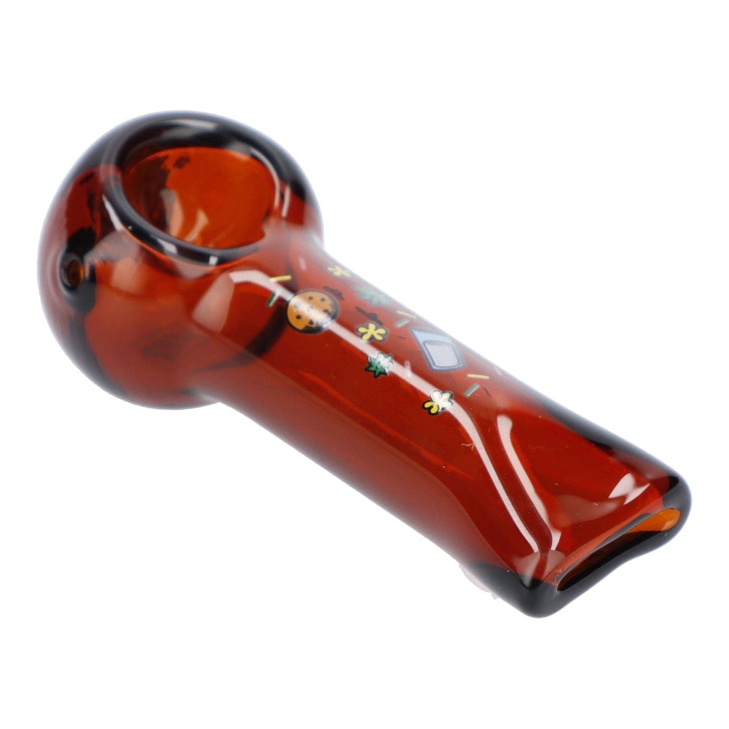 A side view of the 4" GSC Hand Pipe in transparent amber glass, showcasing its curved design and smooth finish.
