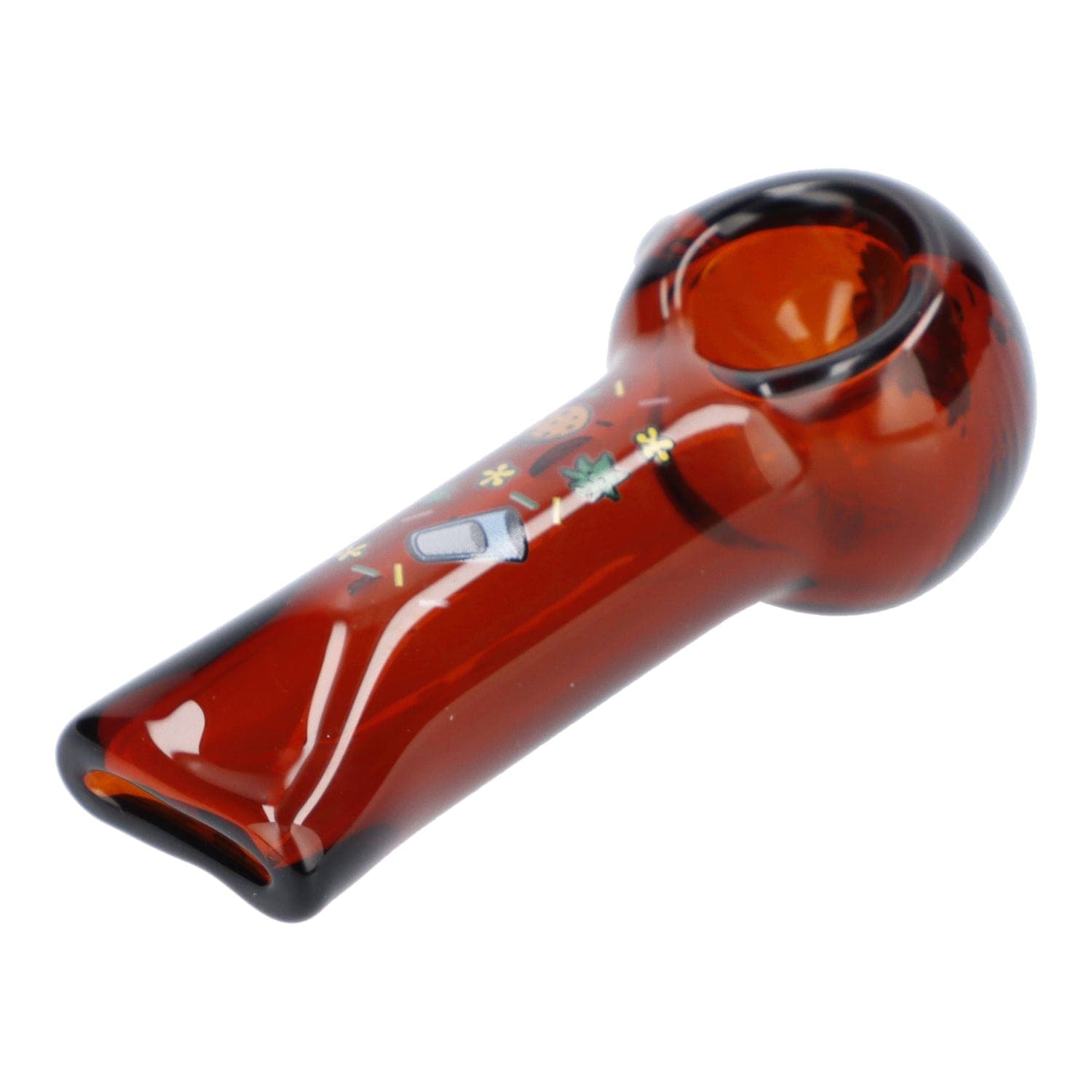 A side view of the 4" GSC Hand Pipe in transparent amber glass, showing the bowl and mouthpiece.