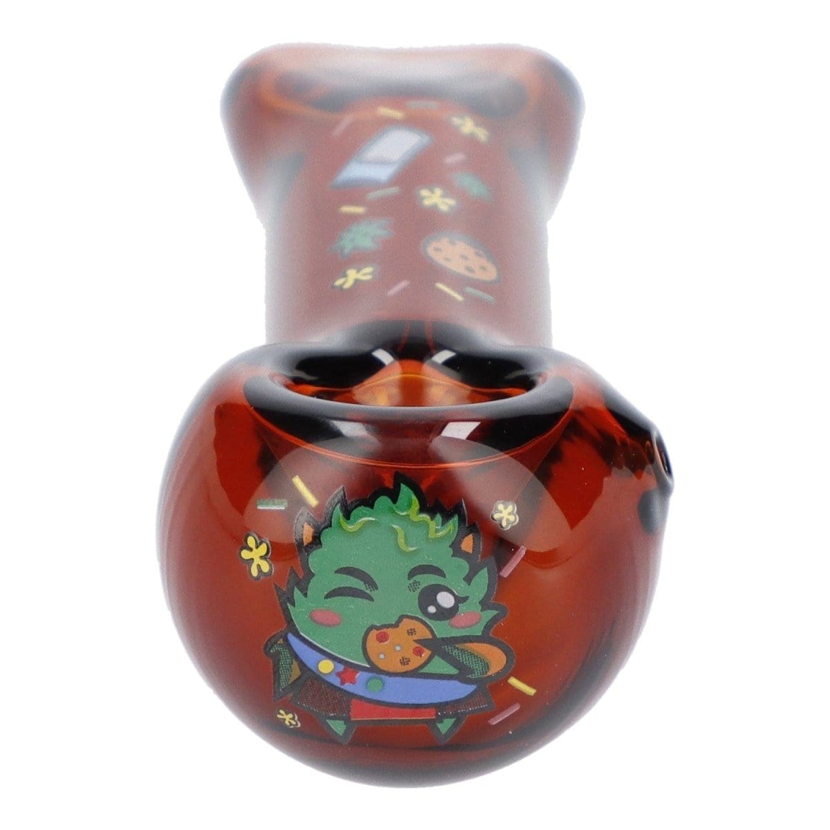 A front view of the 4" GSC Hand Pipe in transparent amber, showing detailed sculpted artwork.