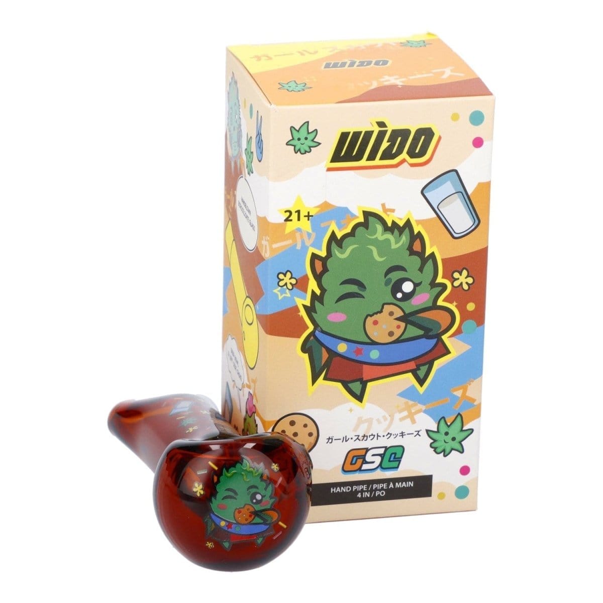 Front view of the "4" GSC Hand Pipe in transparent amber, presented against a colorful patterned box.
