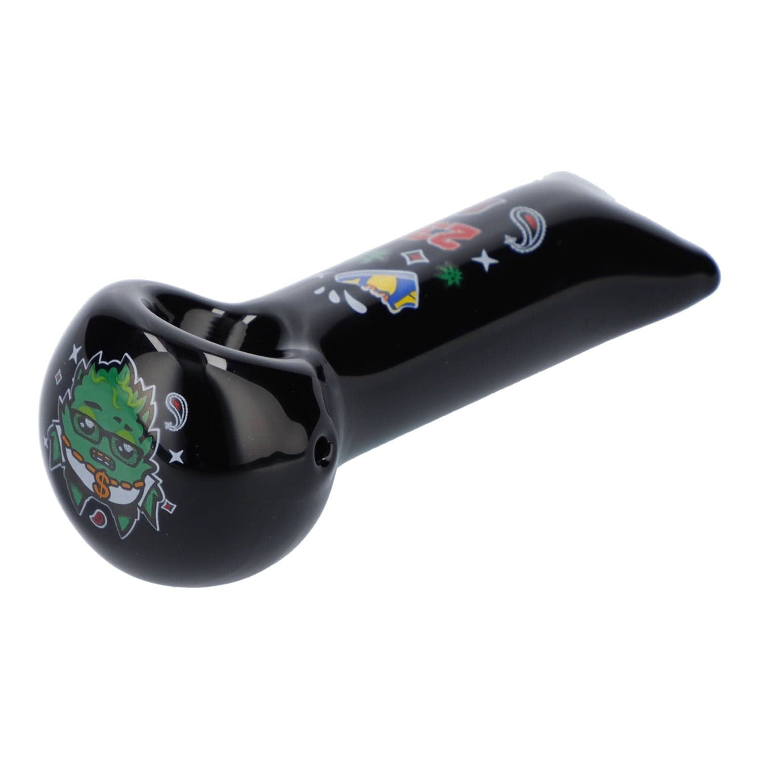 A side view of the black “4” OG Kush Hand Pipe, showing its curved shape and smooth finish.