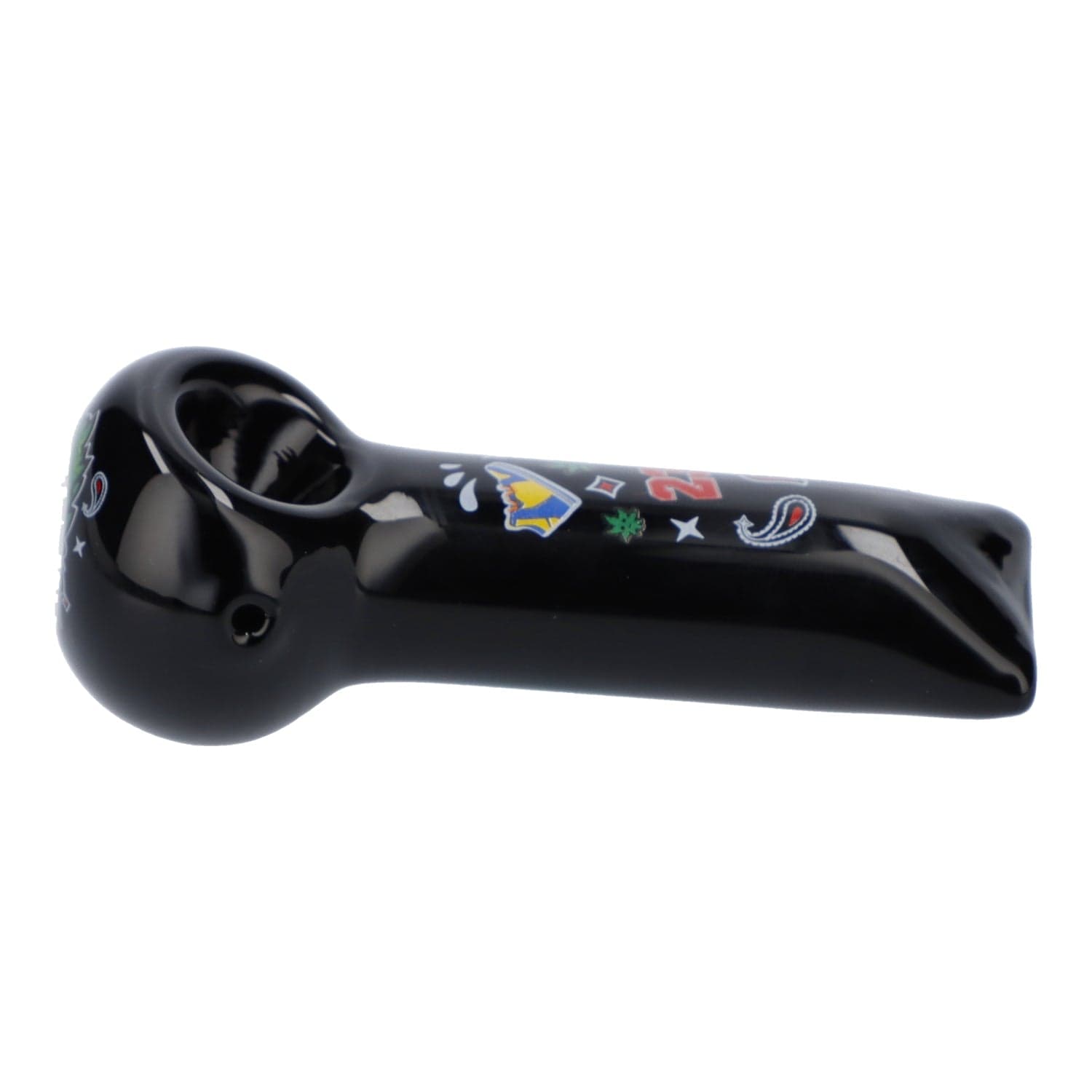A side view of the black “4” OG Kush Hand Pipe, showcasing its smooth, curved design against a plain white background.