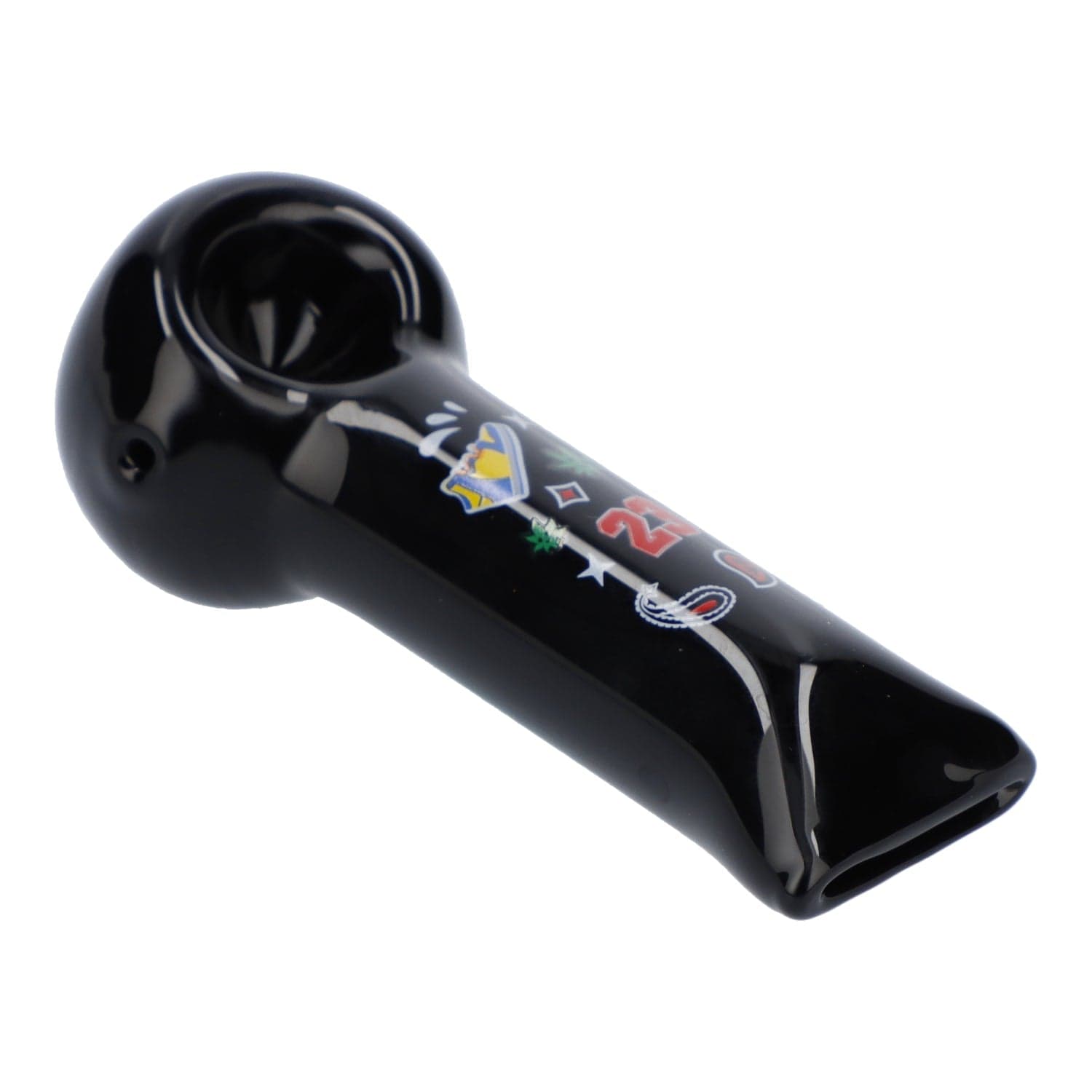A close-up, angled view of the black 4" OG Kush Hand Pipe, showcasing its sleek, curved design.