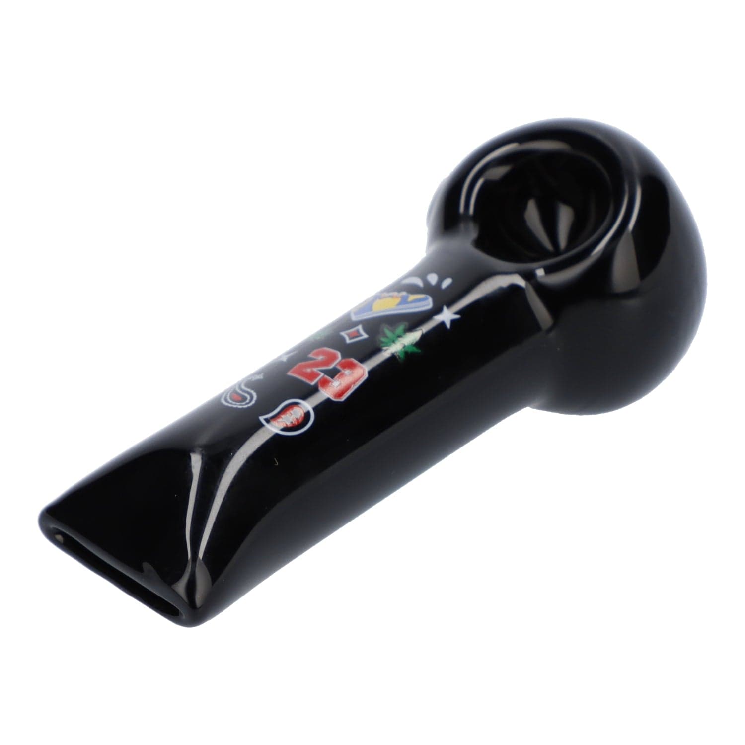 A side view of the 4" OG Kush Hand Pipe in black, showcasing its curved shape and smooth finish.