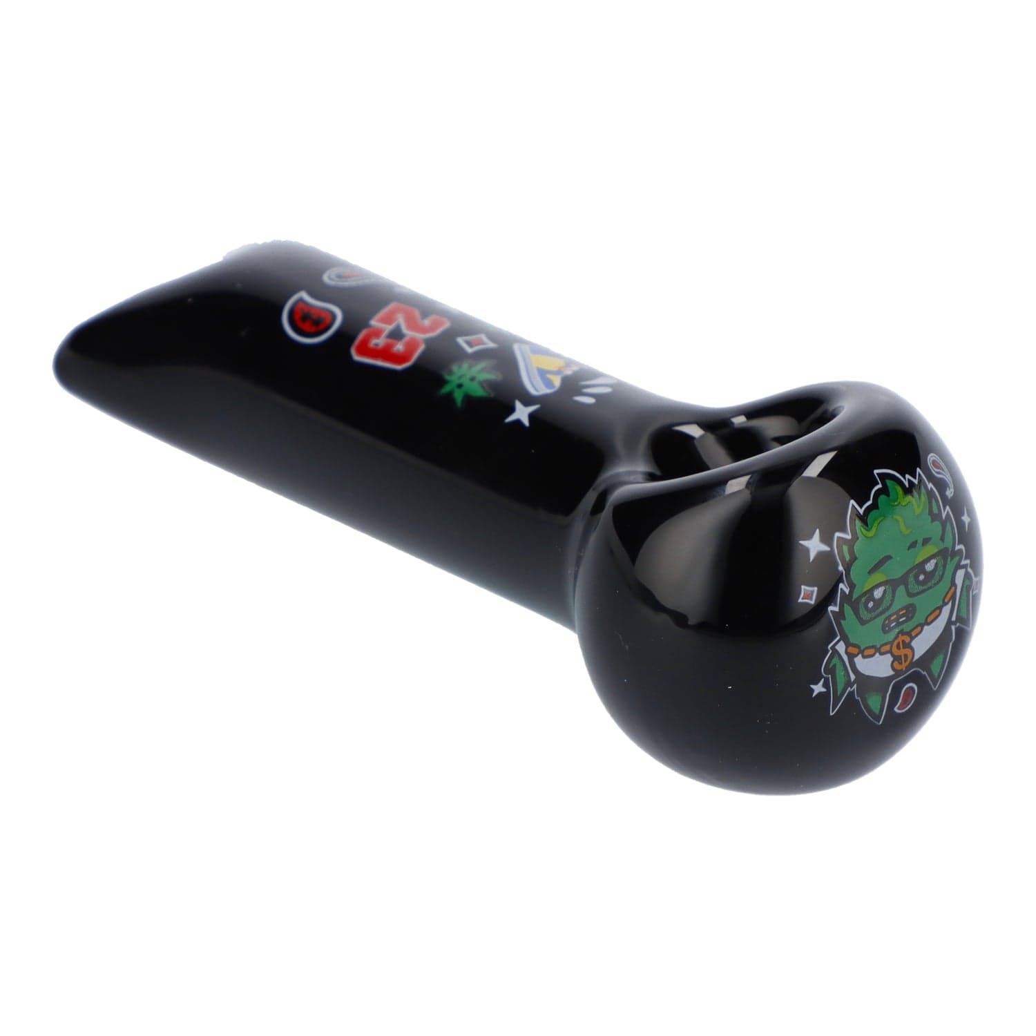 A close-up, angled view of the black “4” OG Kush Hand Pipe, showing its smooth, curved design.