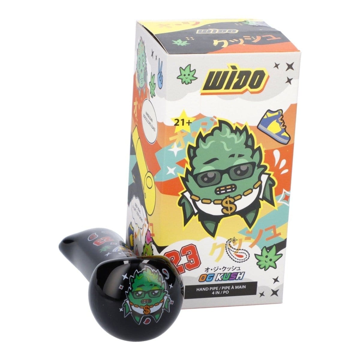 Front view of the 4" OG Kush Hand Pipe – Black, featuring cartoon graphics on a dark background.