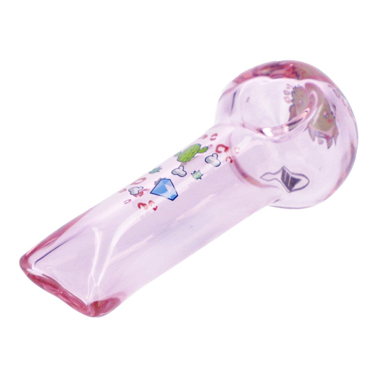 A side view of the transparent pink “4” Pink Kush Hand Pipe, showcasing its curved shape and smooth glass construction.