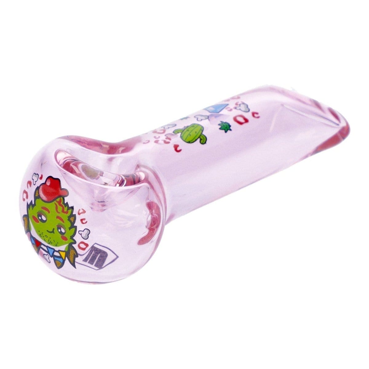 A side view of the 4" Pink Kush Hand Pipe in transparent pink, showcasing its curved design and smooth glass finish.