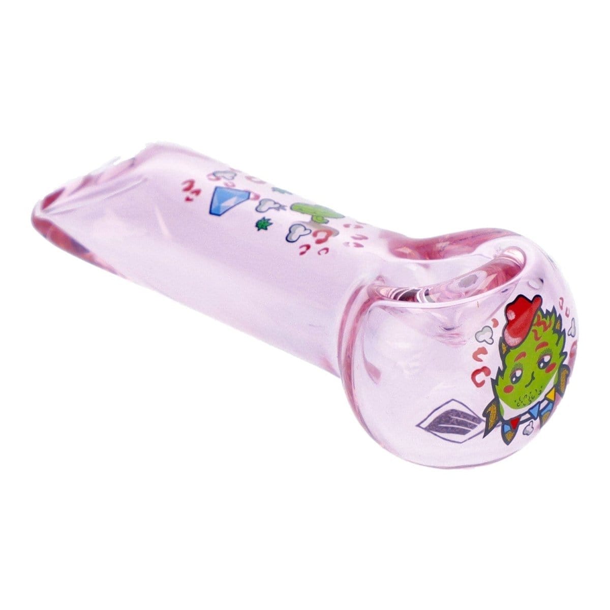 A close-up, angled view of the 4" Pink Kush Hand Pipe, showcasing its transparent pink glass construction.