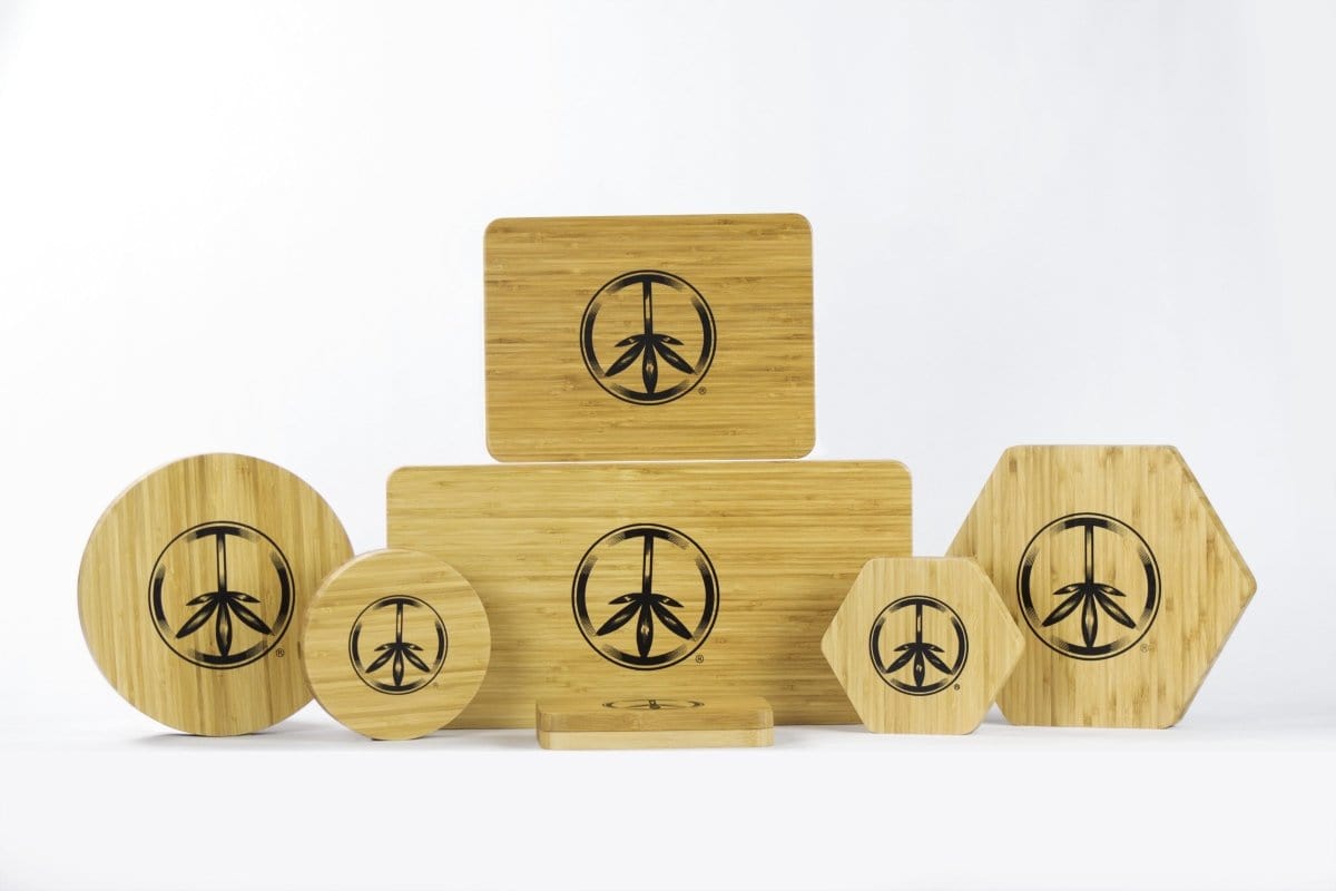 Bamboo Trays displayed in a studio shot, arranged to showcase their simple, flat design and natural wood grain.