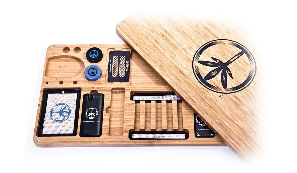 A slightly angled overhead shot of Bamboo Trays, showing the wooden surface with rectangular sections and a branded logo.