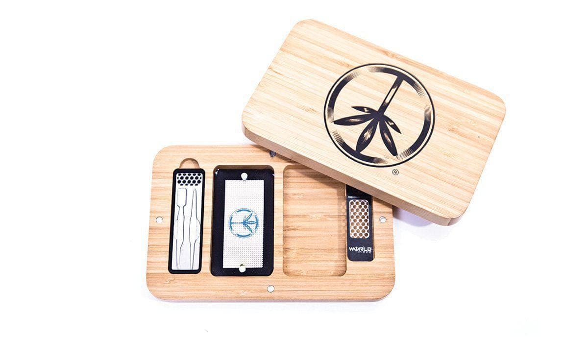 Bamboo Trays displayed in a high-angle shot, showing the wooden surface with a contrasting dark object on top.