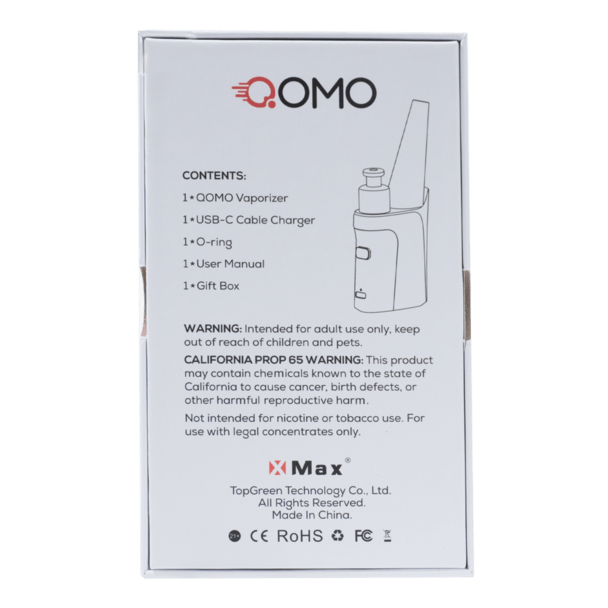 The X-MAX Qomo Micro E-Rig is pictured with its packaging, listing contents like a USB-C cable and user manual.