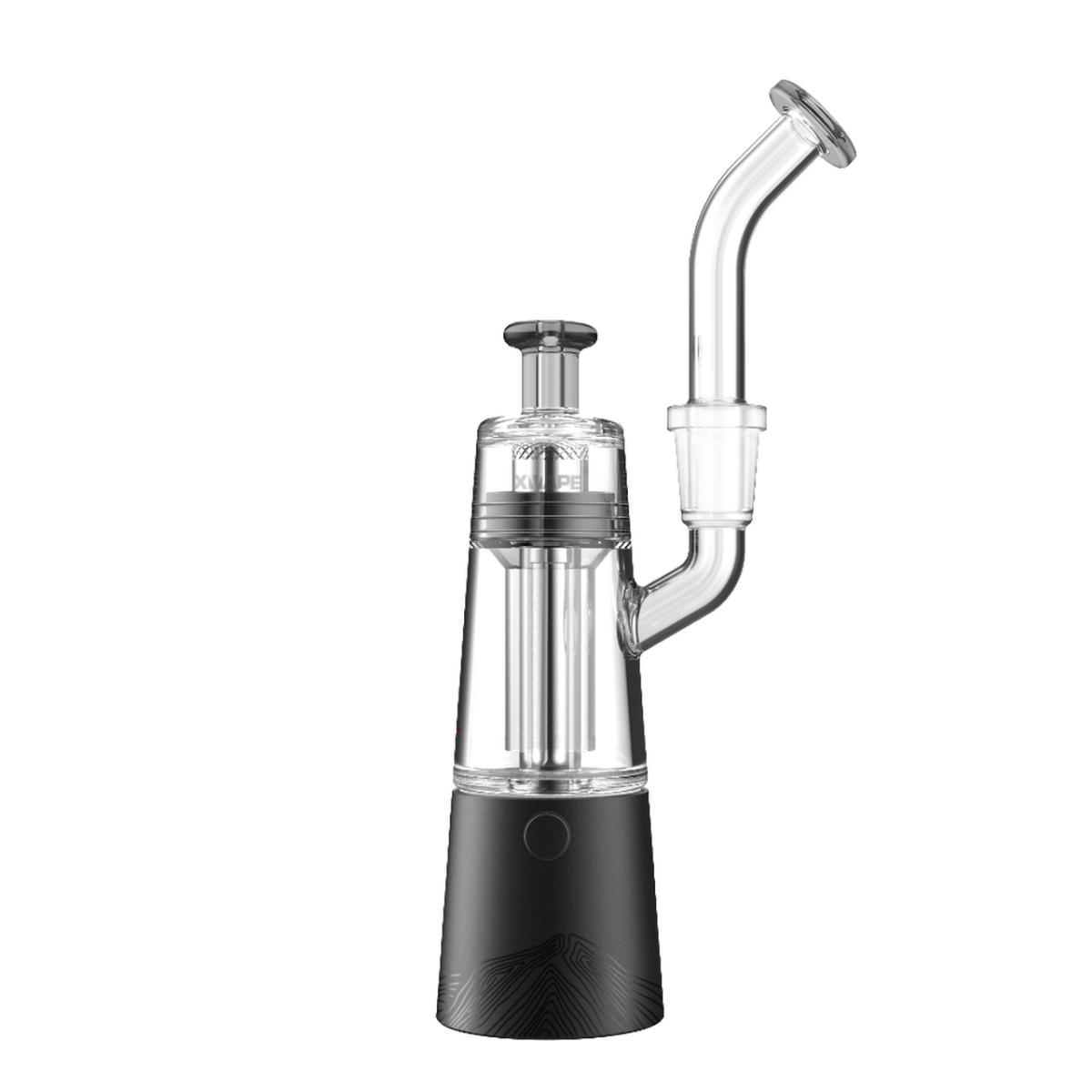 Front view of the XVAPE Vista Mini 2 Portable Dab Rig, a compact, black and clear glass rig angled slightly on a plain white background.