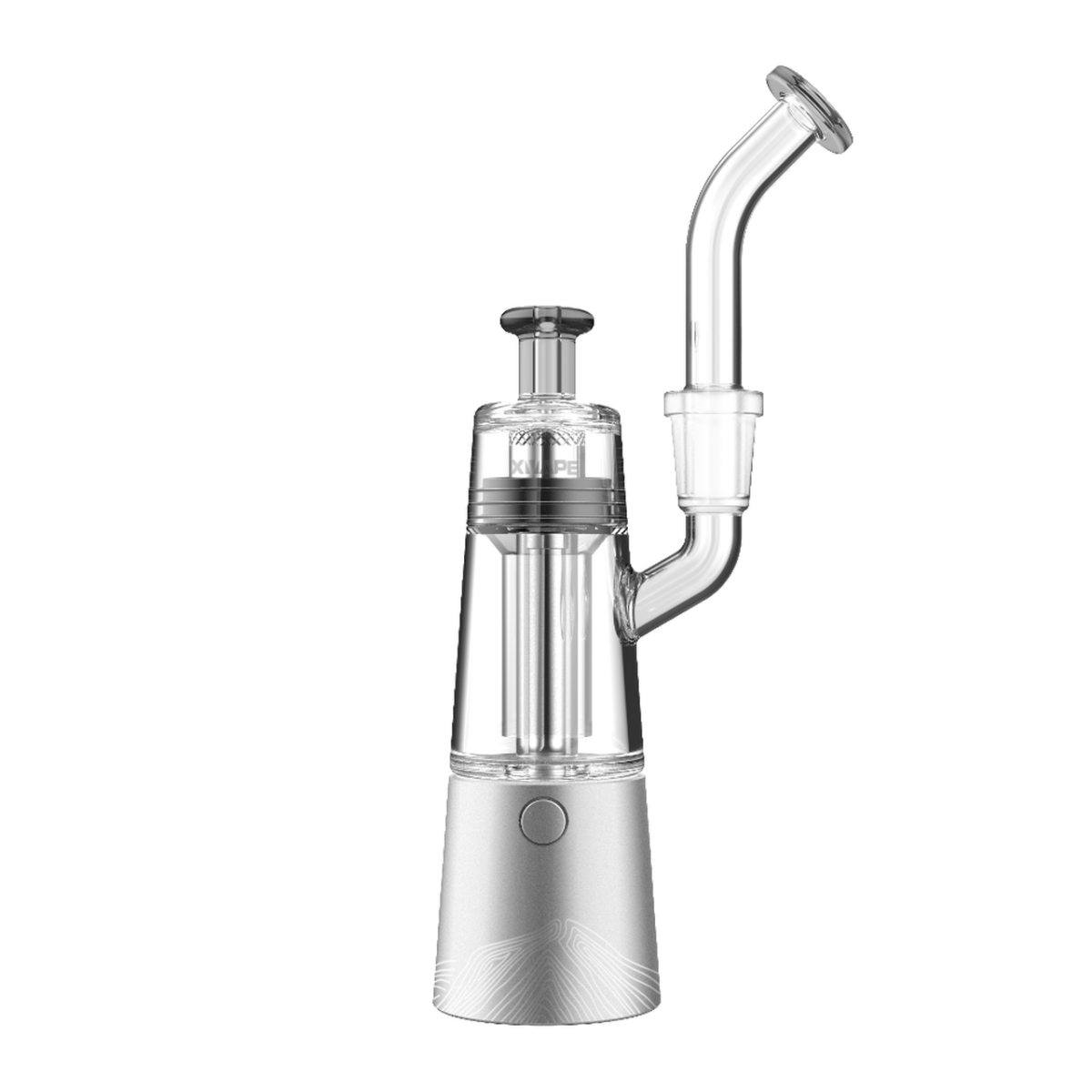 A three-quarter view of the XVAPE Vista Mini 2 Portable Dab Rig, showing its sleek silver body and clear glass components.