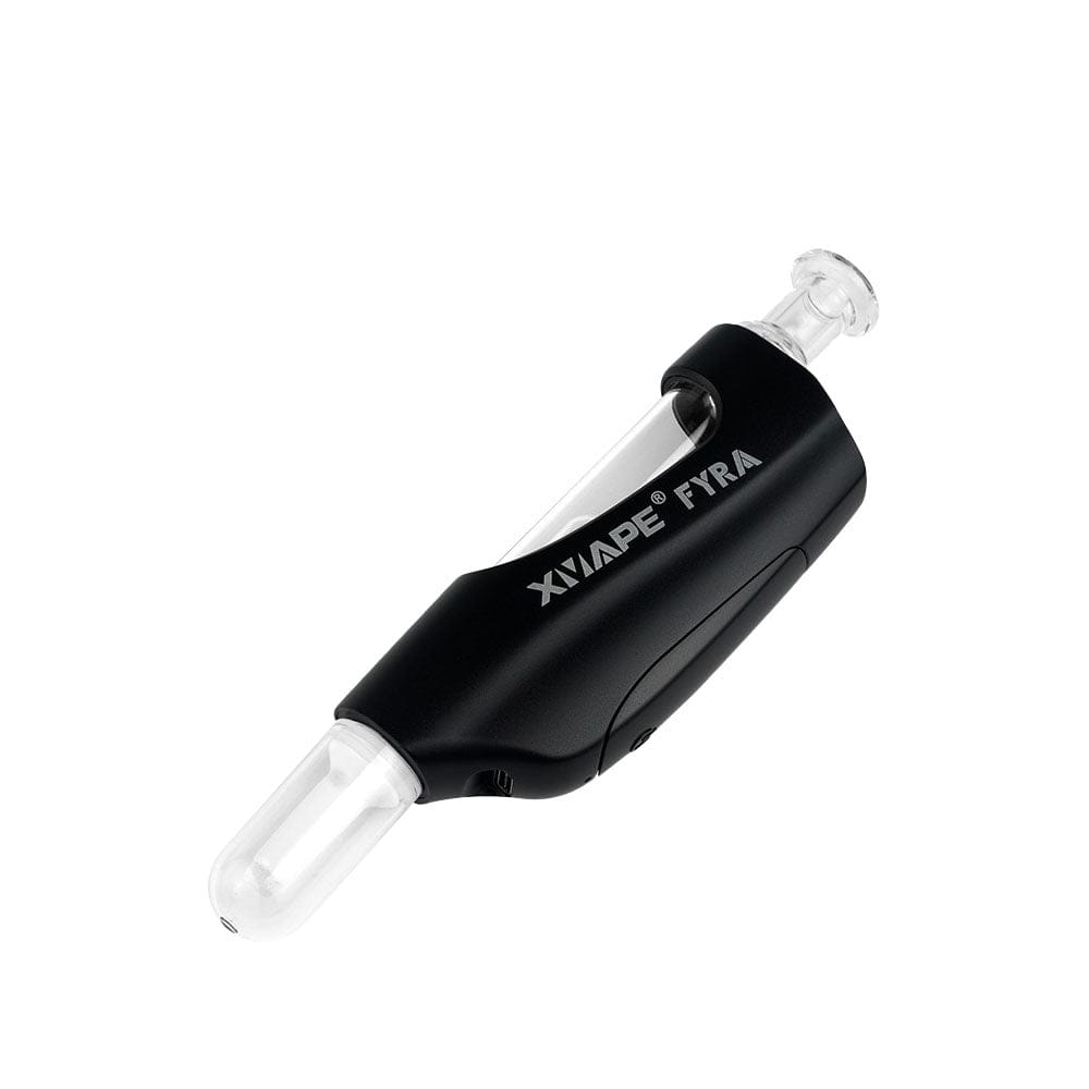 A close-up, angled view of the XVAPE Fyra Dab Star Edition 3-in-1 Vaporizer in black, showing its sleek, cylindrical form.