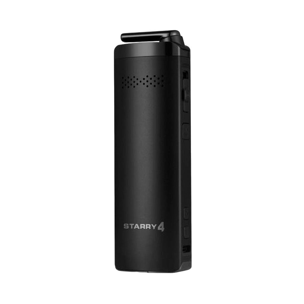 Front view of the black XVAPE Starry 4.0 Dry Herb Vaporizer, showing its sleek, cylindrical design and matte finish.
