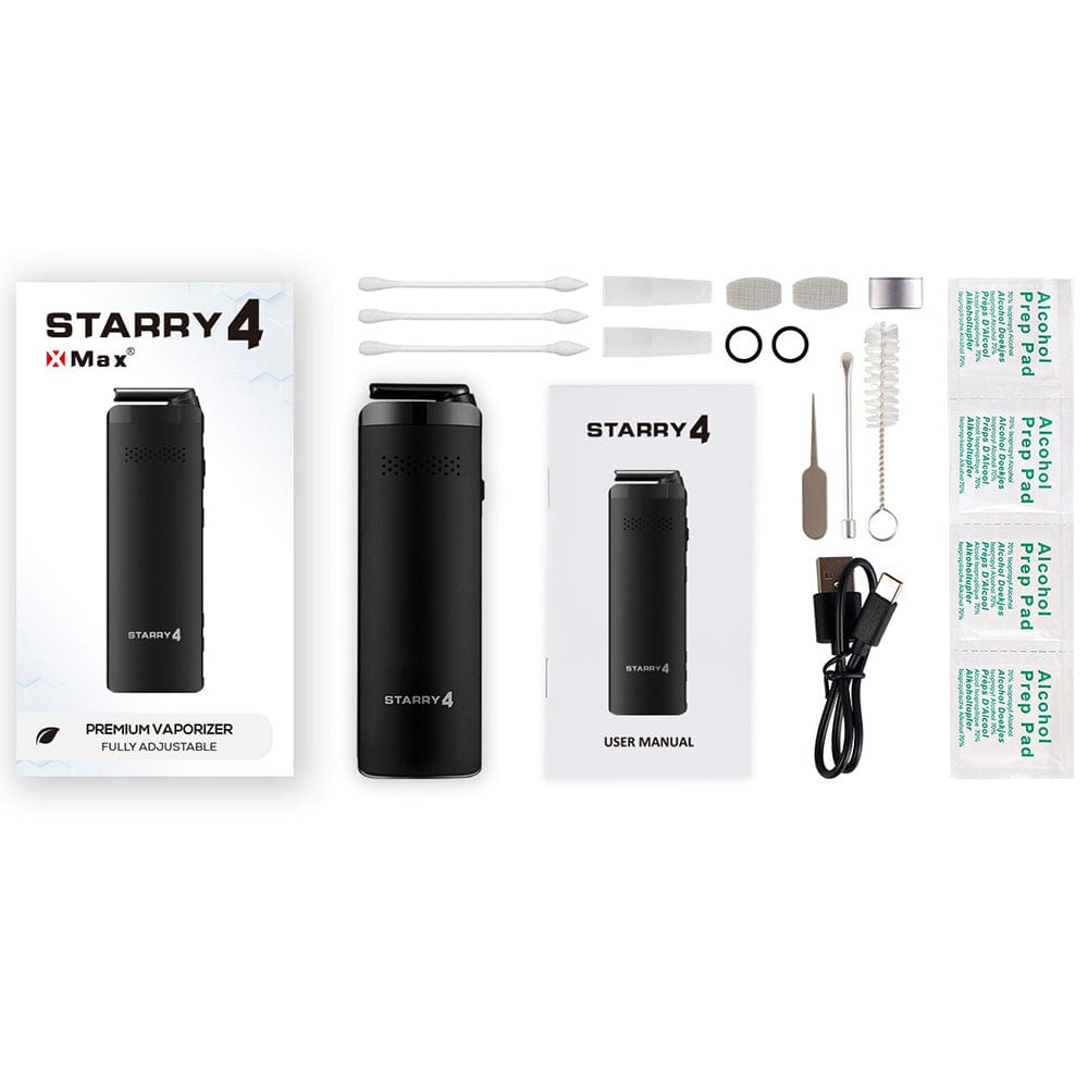 Front view of the XVAPE Starry 4.0 Dry Herb Vaporizer in black, alongside its accessories and manual on a white background.