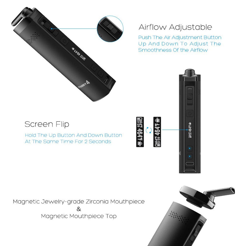 A close-up angled shot of the black XVAPE Starry 4.0 Dry Herb Vaporizer, displaying buttons and a screen with visible text.