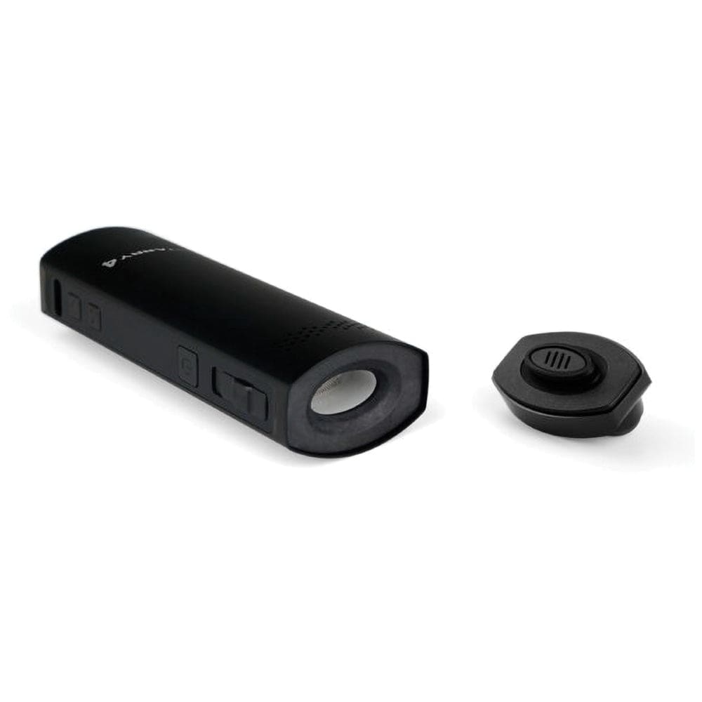 A top-down view of the black XVAPE Starry 4.0 Dry Herb Vaporizer with its magnetic mouthpiece detached, resting on a plain white surface.