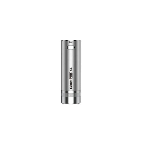 Front view of the Yocan Evolve Plus XL Battery, a silver metallic device against a plain white backdrop.