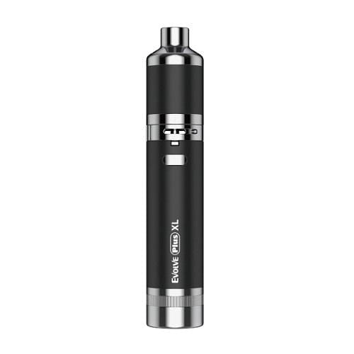 Front view of the Yocan Evolve Plus XL vaporizer, a sleek, silver and black device with a cylindrical shape.