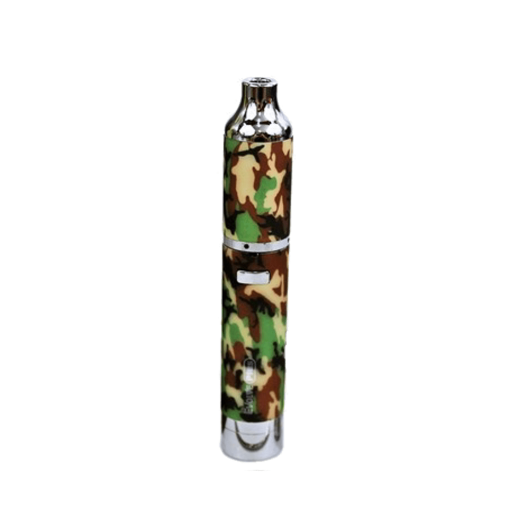 Front view of the Yocan Evolve Plus Vaporizer, a silver cylindrical device with visible threading and a sleek, modern design.