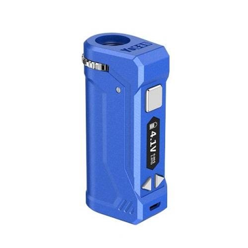 Front view of the Yocan UNI Pro Box Mod, a rectangular, blue device with subtle texture and a silver button.