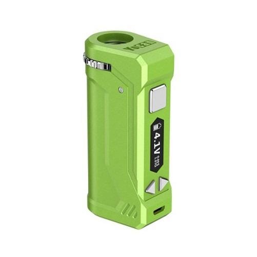 Front view of the Yocan UNI Pro Box Mod, a compact, rectangular device with a matte finish and silver accent buttons.