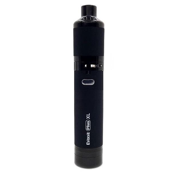 Front view of the Yocan Evolve Plus XL vaporizer, showcasing its sleek, cylindrical shape and metallic finish.