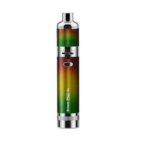 Front view of the Yocan Evolve Plus XL, a silver and black device with visible button details and a sleek cylindrical design.