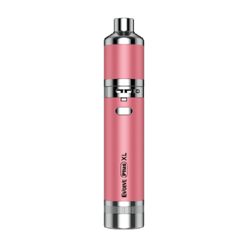 Front view of the Yocan Evolve Plus XL, a silver vaping device with visible buttons and a sleek, cylindrical design.