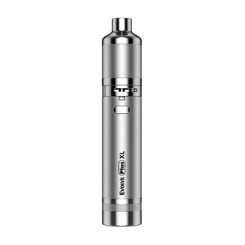 Front view of the Yocan Evolve Plus XL vaporizer, showcasing its sleek, metallic silver design and button controls.