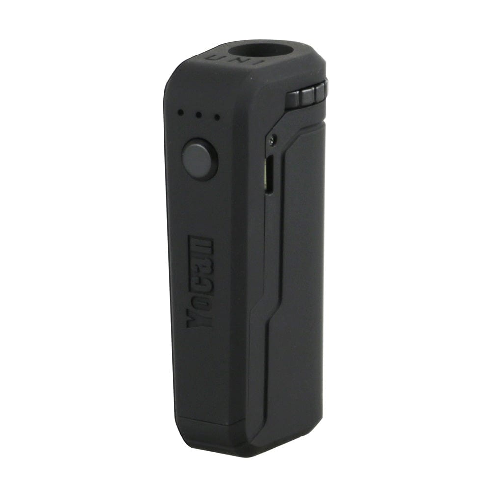 Front view of the Yocan UNI Portable Box Mod, a sleek, black device with a simple, rectangular design and a small button on the side.