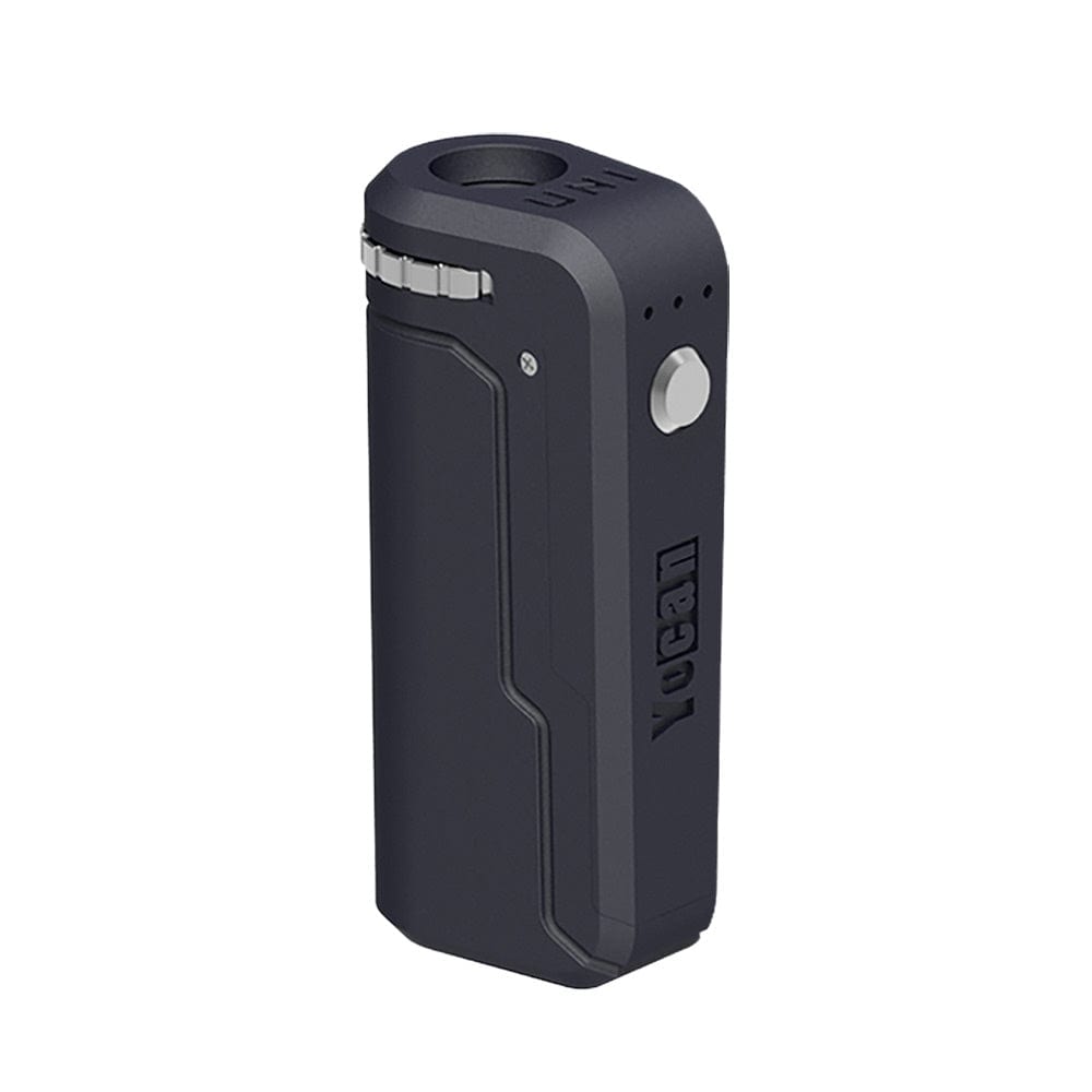 A close-up, angled view of the black Yocan UNI Portable Box Mod, showcasing its sleek, rectangular design.