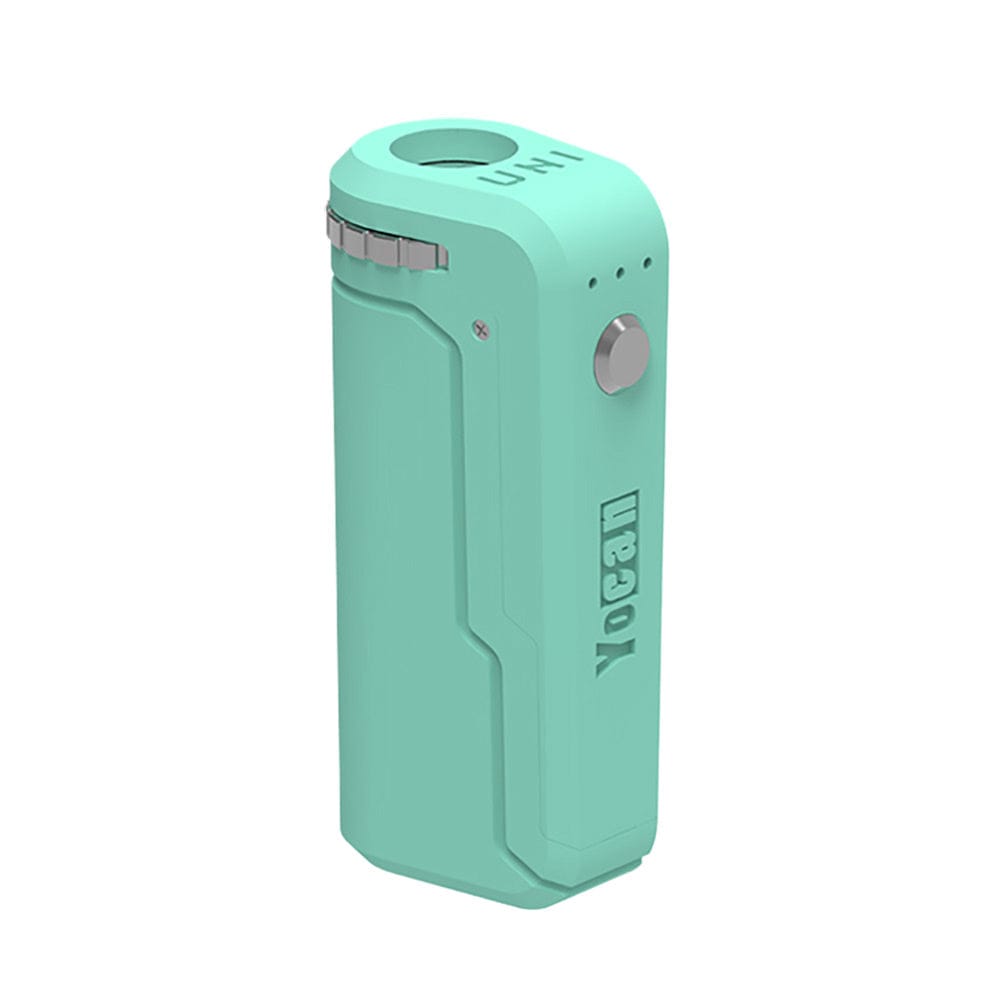 Front view of the Yocan UNI Portable Box Mod, a compact, rectangular device with a smooth, light-green finish.