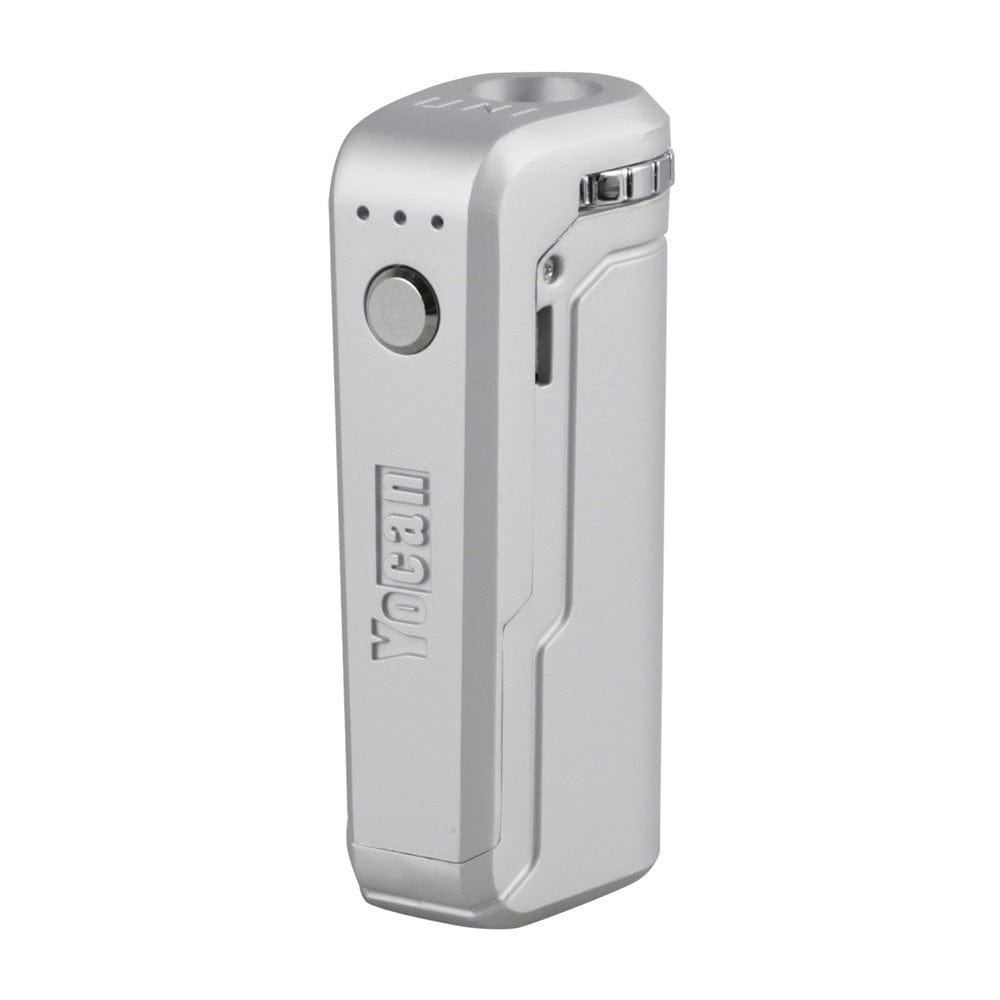 Front view of the Yocan UNI Portable Box Mod, a sleek, silver device against a plain white background.