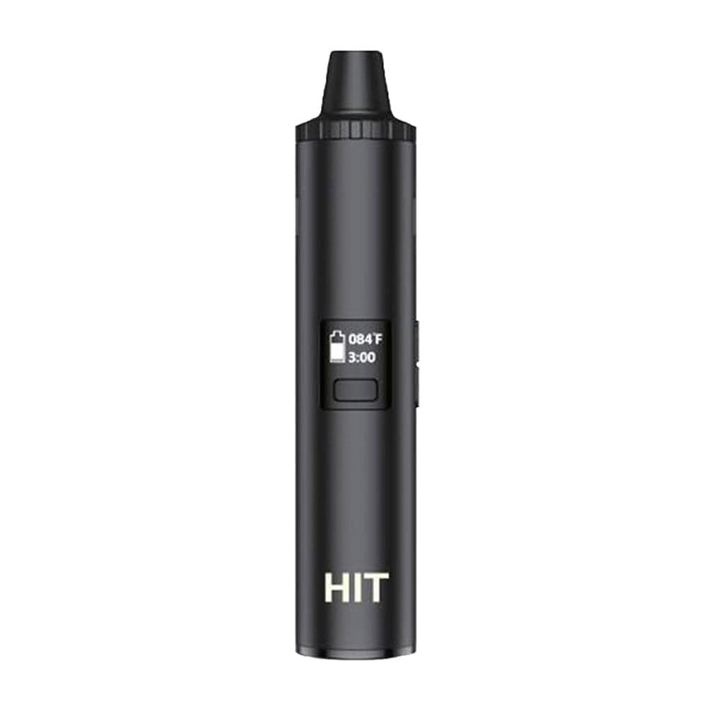 Front view of the Yocan Hit Dry Herb Vaporizer, a sleek, black handheld device against a plain white background.