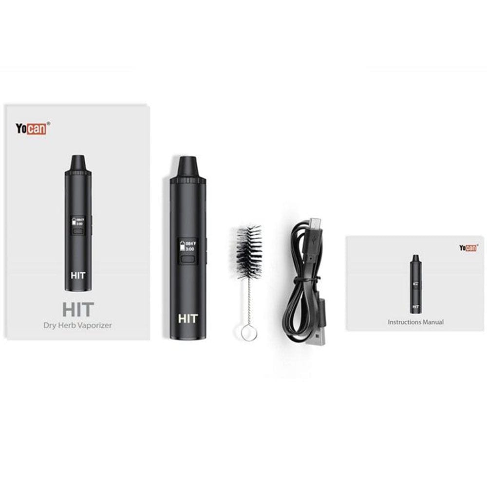 Front view of the Yocan Hit Dry Herb Vaporizer, alongside its charging cable and instruction manual on a white background.