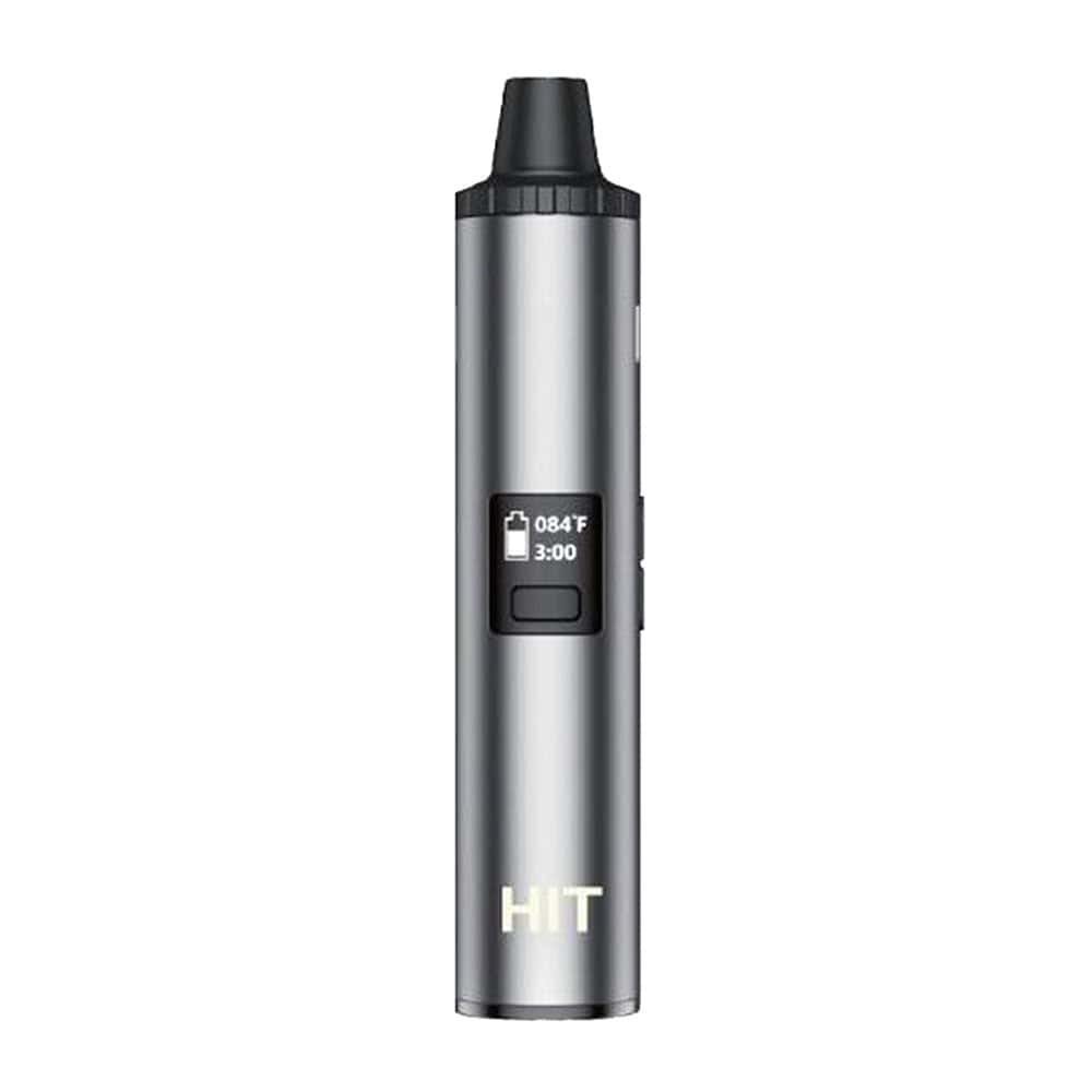 A front view of the Yocan Hit Dry Herb Vaporizer, a silver, pen-shaped device against a plain white backdrop.