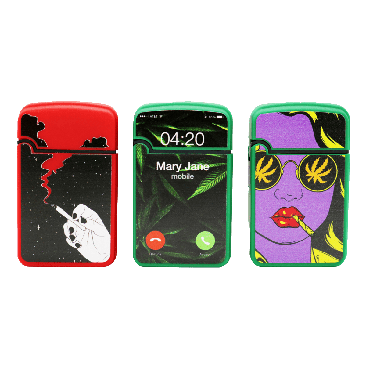 A vibrant, eye-level shot of the three Zengaz Lighter 3 Packs, each featuring unique designs against a dark, digital backdrop.